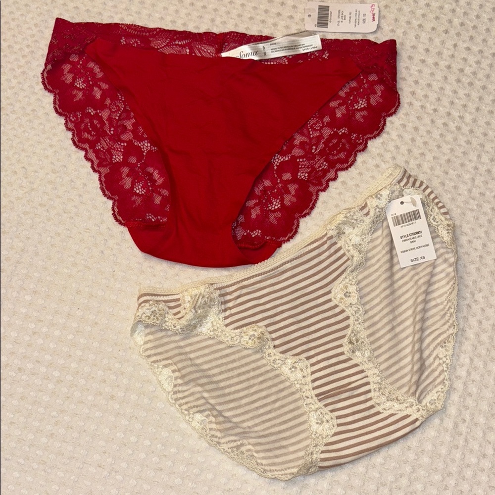 NEW! Set 2 Soma Lace Trim Bikini Panties Size XS Red Cream Tan Taupe Stripes